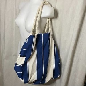 Lancome Blue & White Striped Canvas Tote Bag With Rope Handles